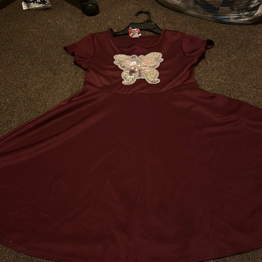 Girls burgundy dress with reverse sequin butterfly